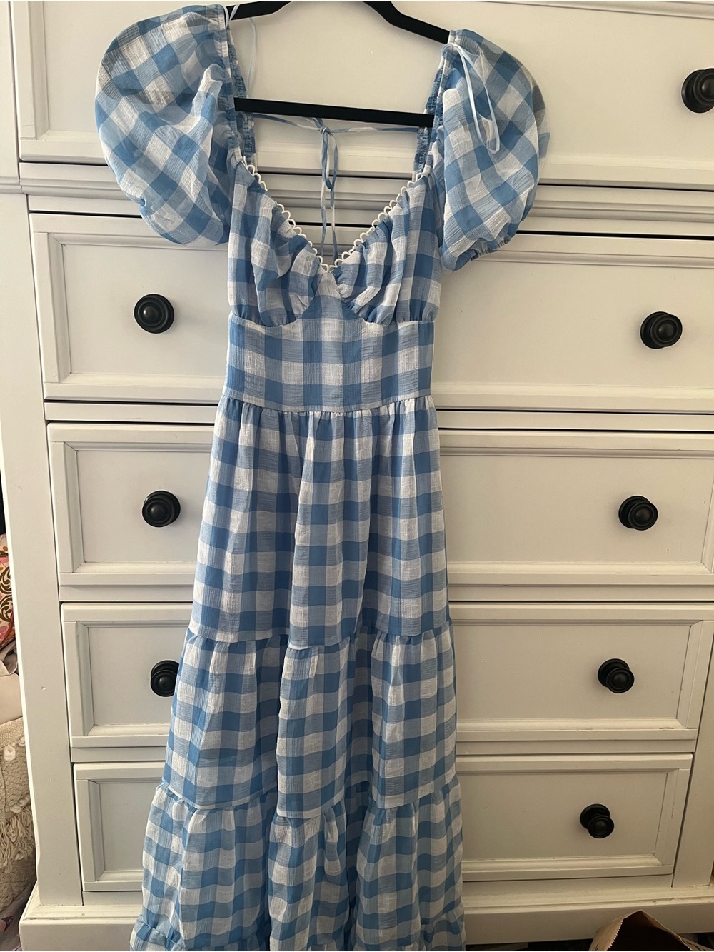 Blue Gingham Puff-Sleeve Dress